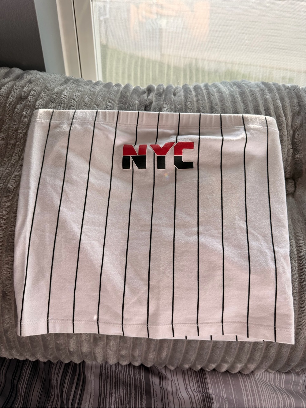 Forever 21 White Pinstripe Crop Top with Black & Red NYC Logo